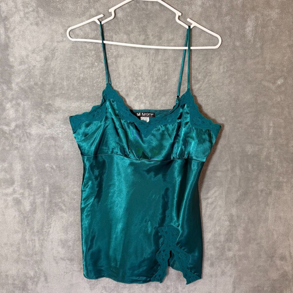 Y2K Self Esteem Satin Tank Top L Babydoll Lace Teal Green Coquette Fairy Cami